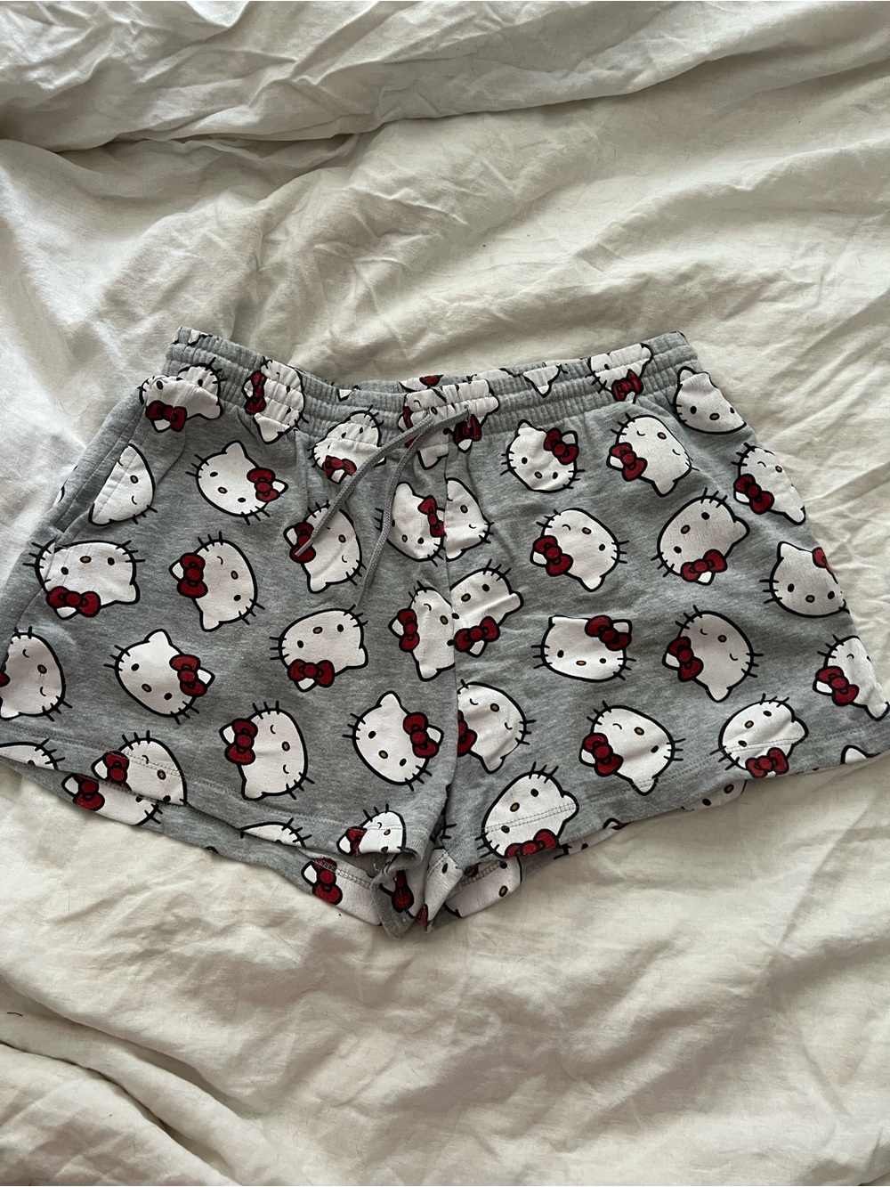 Hello Kitty Gray Lounge Shorts with Red Bow Print
